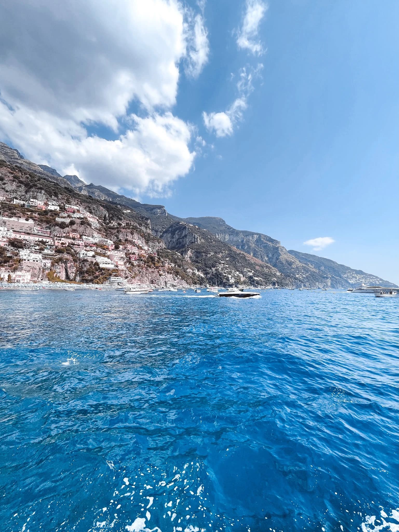 Positano from the sea on the Amalfi Coast, Italy
