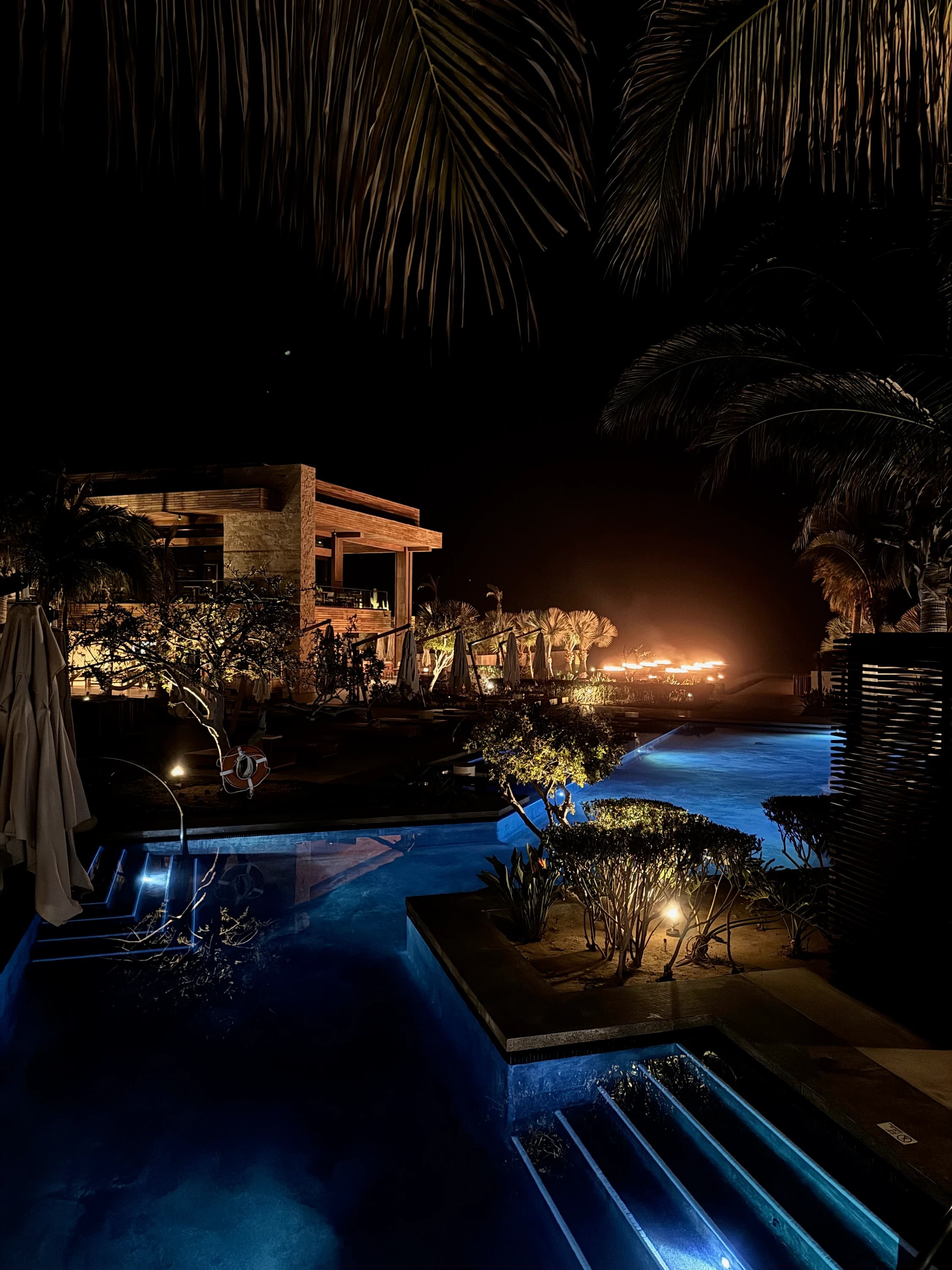 Resort pool at night in Cabo San Lucas, Mexico
