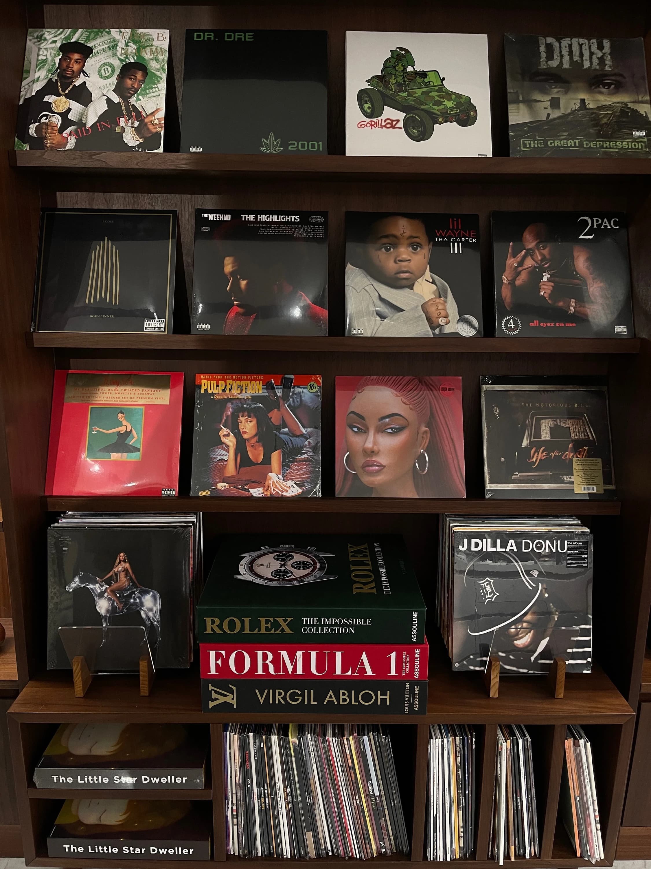 Vinyl record collection and coffee table books